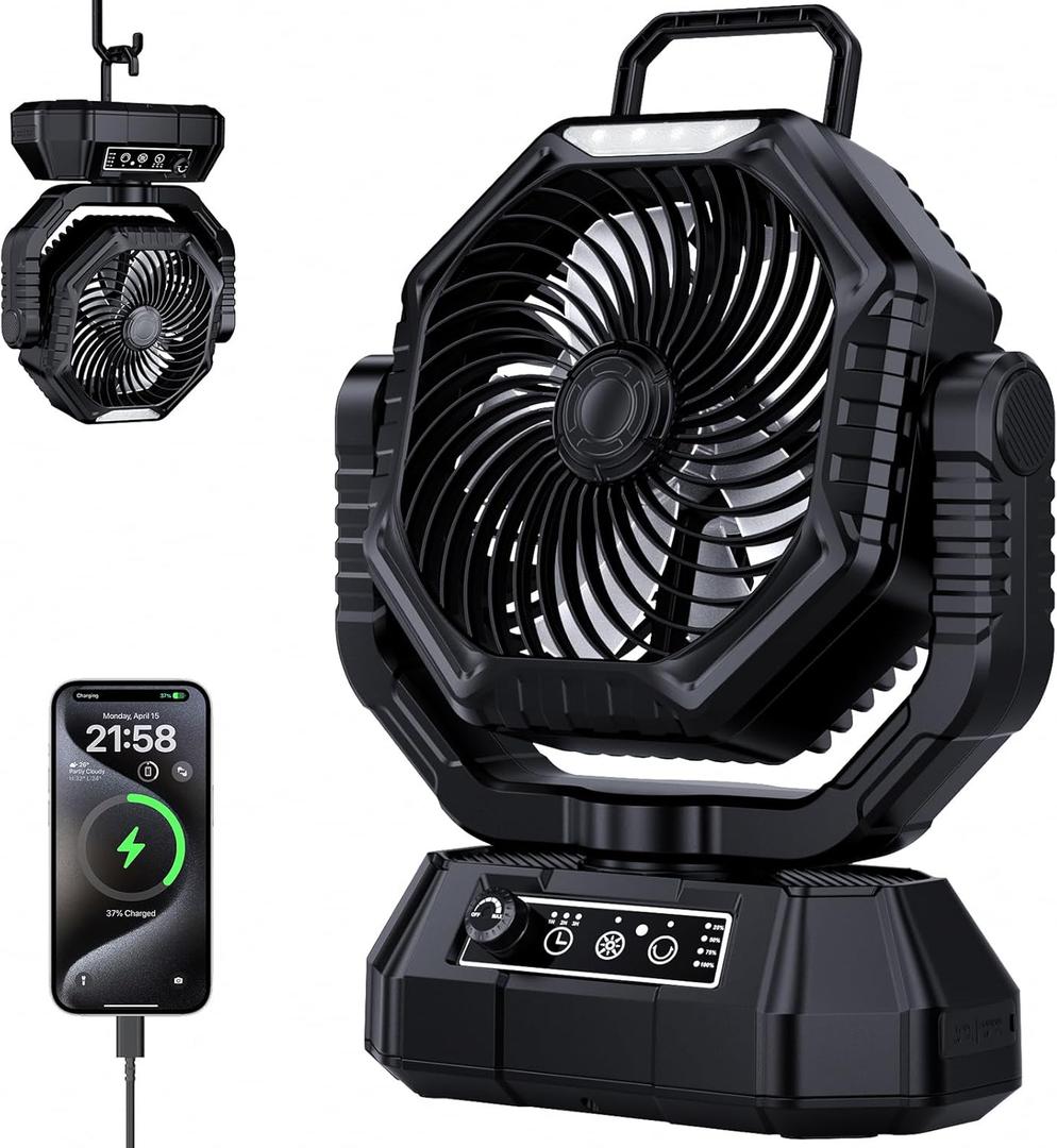 AJVV Campin Fan Dual Motor Rotation High Wind Black | Portable Fans Rechargeable with LED Light, 20000mAh, Remote Control, 13 Speeds for Indoor, Outdoor, Home, Tent, Fishing, Camping