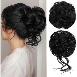CJL HAIR 1PCS Messy Bun Hair Pieces Wavy Curly Synthetic Updo Chignon Fake Scrunchies Ponytail Extension for Women Black