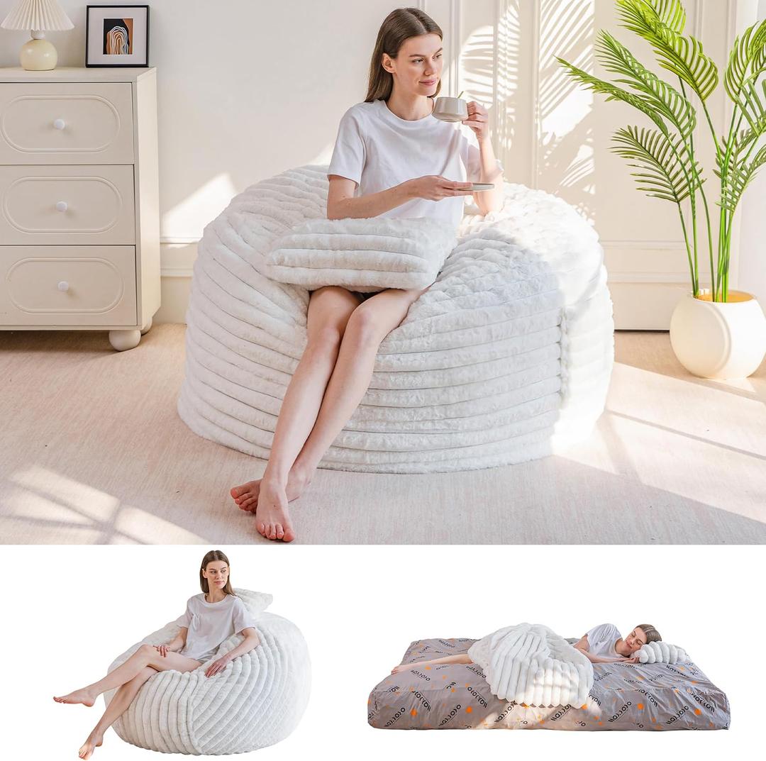 MAXYOYO Giant Bean Bag Chair Bed with Pillow, Convertible Beanbag Sofa to Floor Bed, Lazy Chair Couch with Removable Cover, High-Density Shredded Foam Filling, Cozy Lounge for Bedroom Living Room (Twin, Beige)