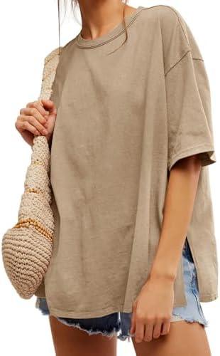 Tankaneo Womens Oversized Tshirts Summer Casual Short Sleeve Crew Neck T Shirt Loose Fit Side Slit Tee Tops XXL