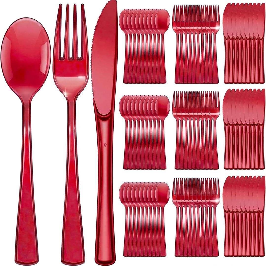 Minatee 150 Pieces Disposable Cutlery Set Plastic Silverware Heavy Duty Utensil Sets 50 Forks 50 Knives 50 Spoons for Home Office School Party Picnics Restaurant Outdoor Events(Red)