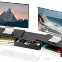 Spacrea Metal Desk Organizers and Accessories, Dual Monitor Stand Riser with Drawer and 2 Pen Holders, Book Racks, Desk Accessories & Workspace Desktop Organizers for Office Supplies (Black)