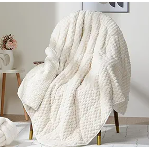 Fleece Weighted Blanket for Adults (60" x 80" 15lbs, Cream White), Dual Sided Cozy Soft Sherpa Heavy Blanket with 3D Imitation Turtle Shell Warm Jacquard Flannel for Couch and Bed