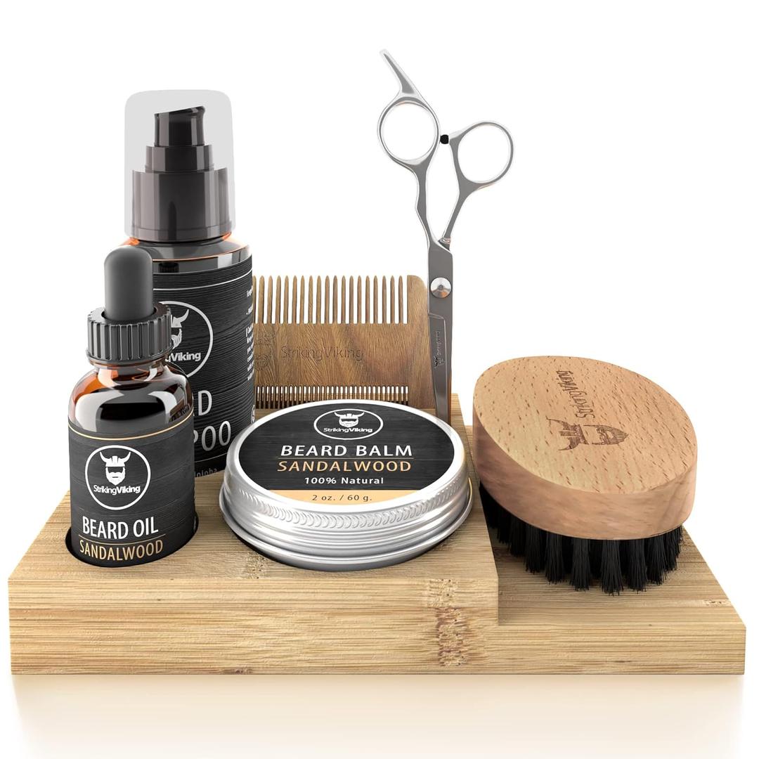 Striking Viking Beard Grooming Kit for Men with Shampoo, Oil, Balm, Brush, Wooden Comb, Mustache Scissors - 7-Piece Sandalwood Caddy for Beard Growth (7 Peice Set)