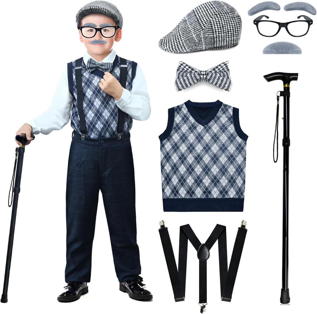100 Days of School Costume for Boys  Old Man Costume with Grandpa Hat, Beard, and Vest for Kids School Cosplay (X-Large (11-12 Y), Retro Black)