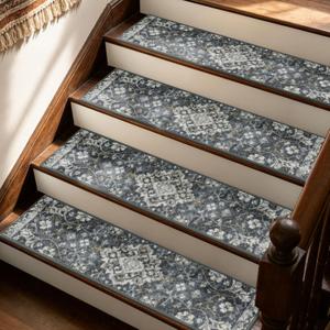 JSEI Stair Treads for Wooden Steps, 15 Pack 8" X 30" Non-Slip Machine Washable Carpet Stair Treads with TPE Backing, Indoor Stair Rug Runner for Kids Elders & Pets, Polyester, Dark Grey/White