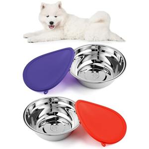 Patelai 4 Pcs Stainless Steel Dog Bowls 7.9" with Silicone Lids Portable Food and Water Dishes for Pets Sealable Containers for Small Medium Dog Cat Indoor (Red,Purple)