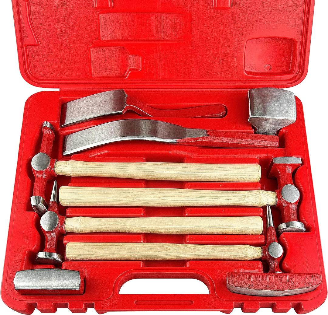 C&T 9 Piece Heavy Auto Body Repair Tool Hammer Dolly Set, Car Body Repair Tool Kit with Carrying Case, Hickory Handles,Fender Repair kit