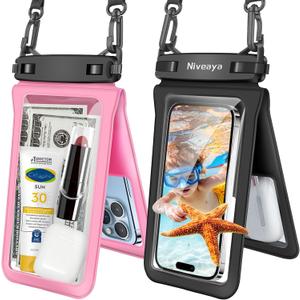 Niveaya Double Space Waterproof Phone Pouch - 2 Pack, Waterproof Phone Lanyard Case with iPhone 16/15/14/13/12 Pro Max up to 8.3", Phone Dry Bags for Vacation Beach Pool Kayak Cruise Travel Essentials (Black + Pink)