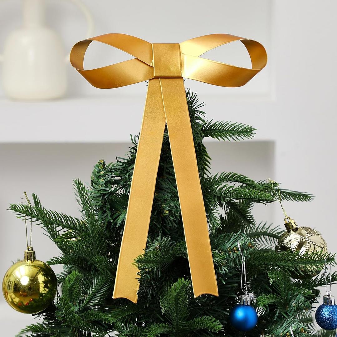 Moxweyeni Large Christmas Metal Bow Tree Topper Ornaments with Clip Gold Christmas Bow Decoration for Xmas Tree Topper Garland Wreath Indoor Outdoor Decor, 9 x 12 Inches