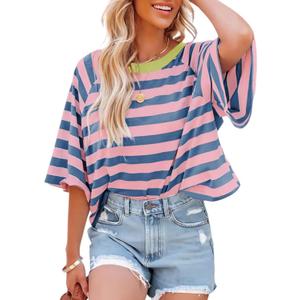 Dokotoo Tops for Women Striped 2025 Fashion T Shirts for Women Color Block Crewneck Design Loose Basic Tee (X-Large)