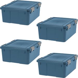 IRIS USA WeatherPro 31 Qt Eco-Friendly Storage Bins with Lids, 4 Pack, BPA-Free Plastic Gasket Box with Tight Latch and Seal, Stackable Nestable Tote Tub - Navy