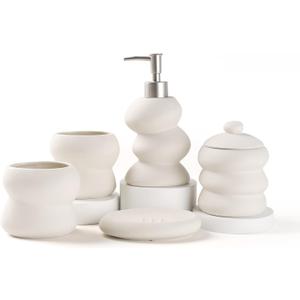 Bathroom Accessory Set 5PCS, Ceramic Bathroom Accessories Set, Irregular Shape Small Bathroom Sets Accessories Complete, Home Apartment Minimalist Decor Vanity Countertop, Beige, ANTIS'S HOME (White)