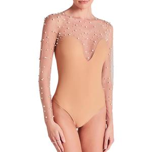 CORIRESHA Women's Chic Pearls Top Long Sleeve Crewneck Sheer Mesh Bodysuit Clubwear (Large)