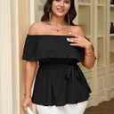 SCOMCHIC Plus Size Off The Shoulder Peplum Tops for Women Summer Ruffle Hem Blouse Chiffon Babydoll Top (Black, XXXL)