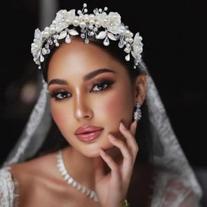 Bride Headband, Pearl Adorned Wedding Hair Pieces for Brides, Flower Girl Hair Accessory (Silver1)