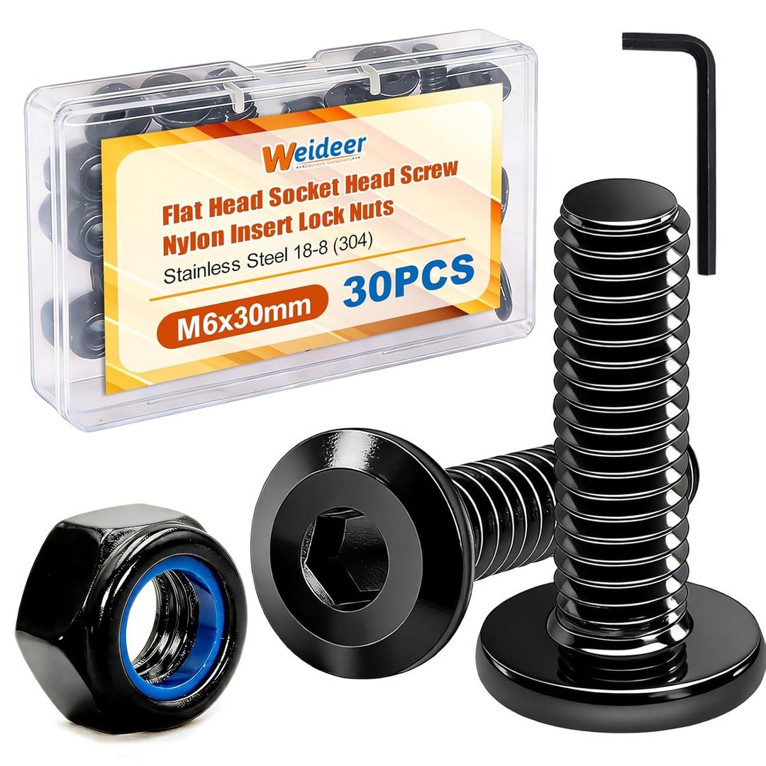 weideer 30pcs M6 x 30mm Nuts and Bolts Kit, Stainless Steel 18-8 (304) Flat Head Hex Socket Cap Furniture Bolts,Nylon Insert Hex Lock Nuts with Hex Spanner K-182 30pcs
