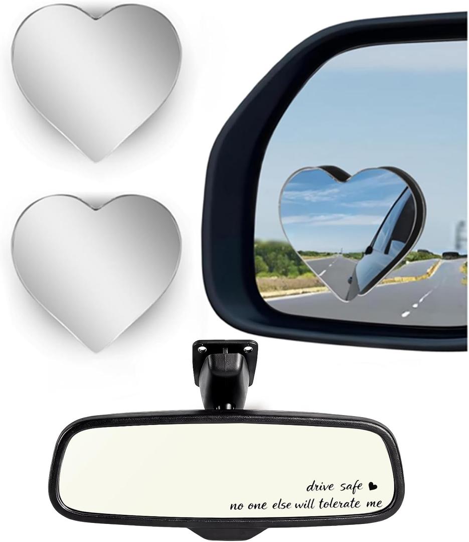 2 Pcs Mother's Day Blind Spot Mirrors with Drive Safe Stickers Gifts Cars Heart Shaped Blind Spot Angle Removable Wide Adjustable Angle Convex Rear View Mirror Accessories