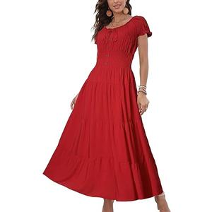 OSTOO Women's 2025 Summer Short Sleeves Boho Floral Print Tiered Casual Flowy Long Maxi Dress (Large, Green Flower)