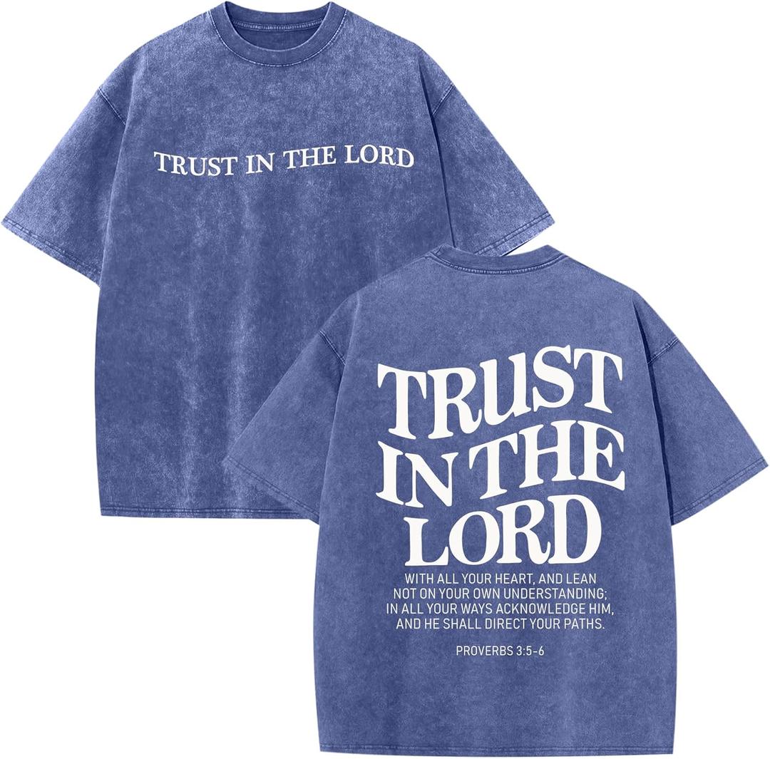 Mens Oversized Christian Shirts God Faith Jesus Religious Tshirts Trust in The Lord Bible Verse Tees Acid Wash Tops (Medium, Blue)