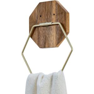 MyGift Modern Wall Mounted Brass-Tone Hexagon Wire Towel Ring with Hexagon Mango Wood Backing for Bathroom Hand Towels or Kitchen Dish Cloths - Handcrafted in India