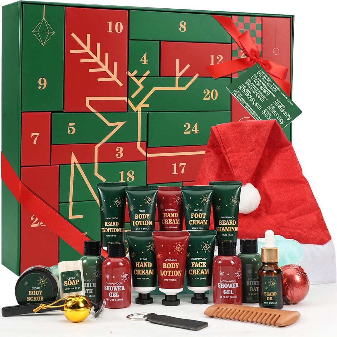Advent Beauty Calendar for Adults 2025 Rinse & Robust Beard Care Kit Christmas Gifts for Men Skincare Beauty Advent Calendar for Men Christmas 24 Days Countdown Calendar Beard Care Grooming (Green & Red)