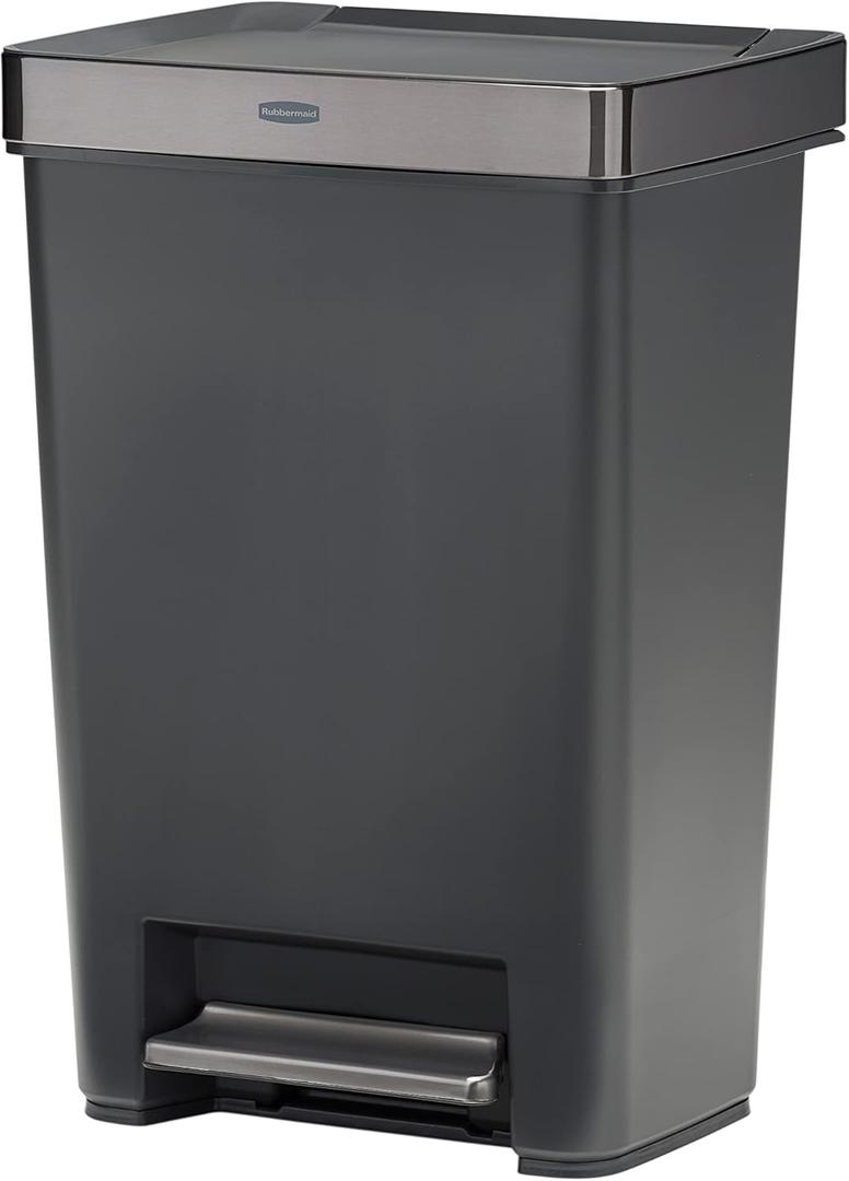 Rubbermaid Premier Series III Step-On Trash Can for Home and Kitchen, with Stainless Steel Rim, 12.4 Gallon, Charcoal, for Home/Kitchen/Garage/Apartment/Office
