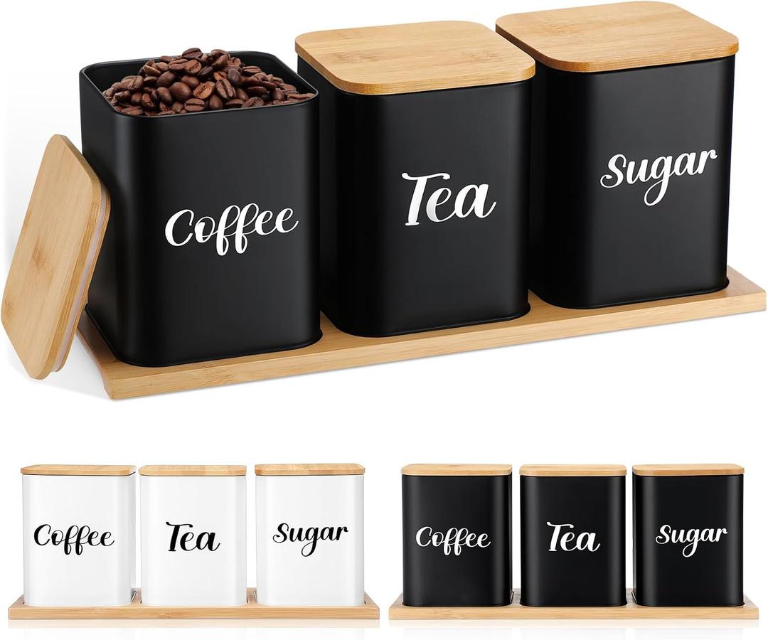 Tioncy Coffee Tea Sugar Container with Tray Set of 3 Airtight Metal Canister with Bamboo Lid Tray for Kitchen Counter Dining Room Farm House Kitchen Style Drink Station Organizer Set (Black)