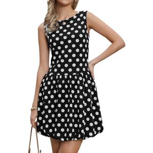 Allegra K Bubble Mini Dress for Women's Boat Neck Sleeveless Polka Dots Y2K Casual Cocktail Dress (Black, XS)