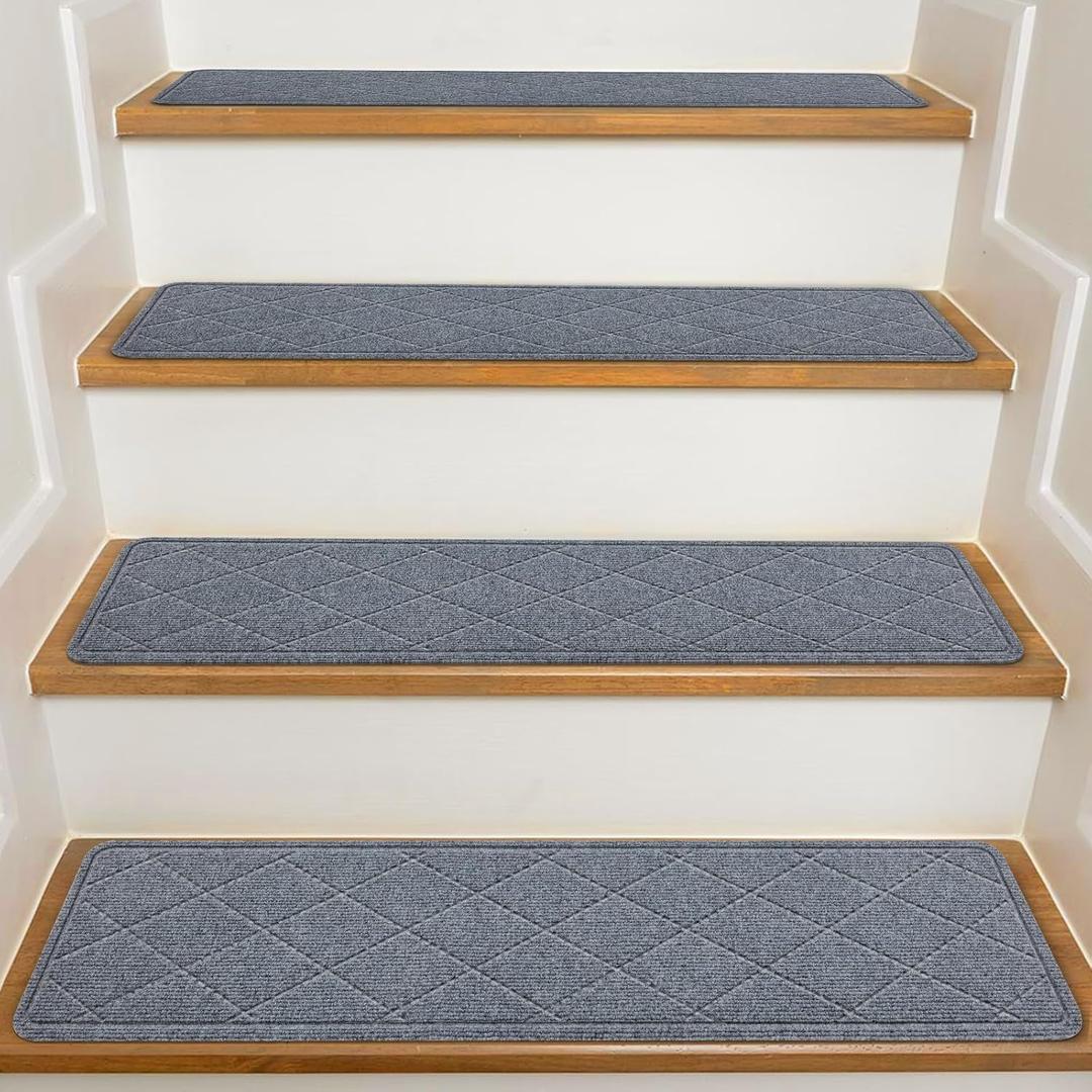 Stair Treads for Wooden Steps Indoor, 15 Pack 8" X 30" Non Slip Carpet Stair Treads with Reusable Adhesive for Kids Elders and Dogs, Surface Polyester TPR Backing Stair Runner Rugs, Dark Grey