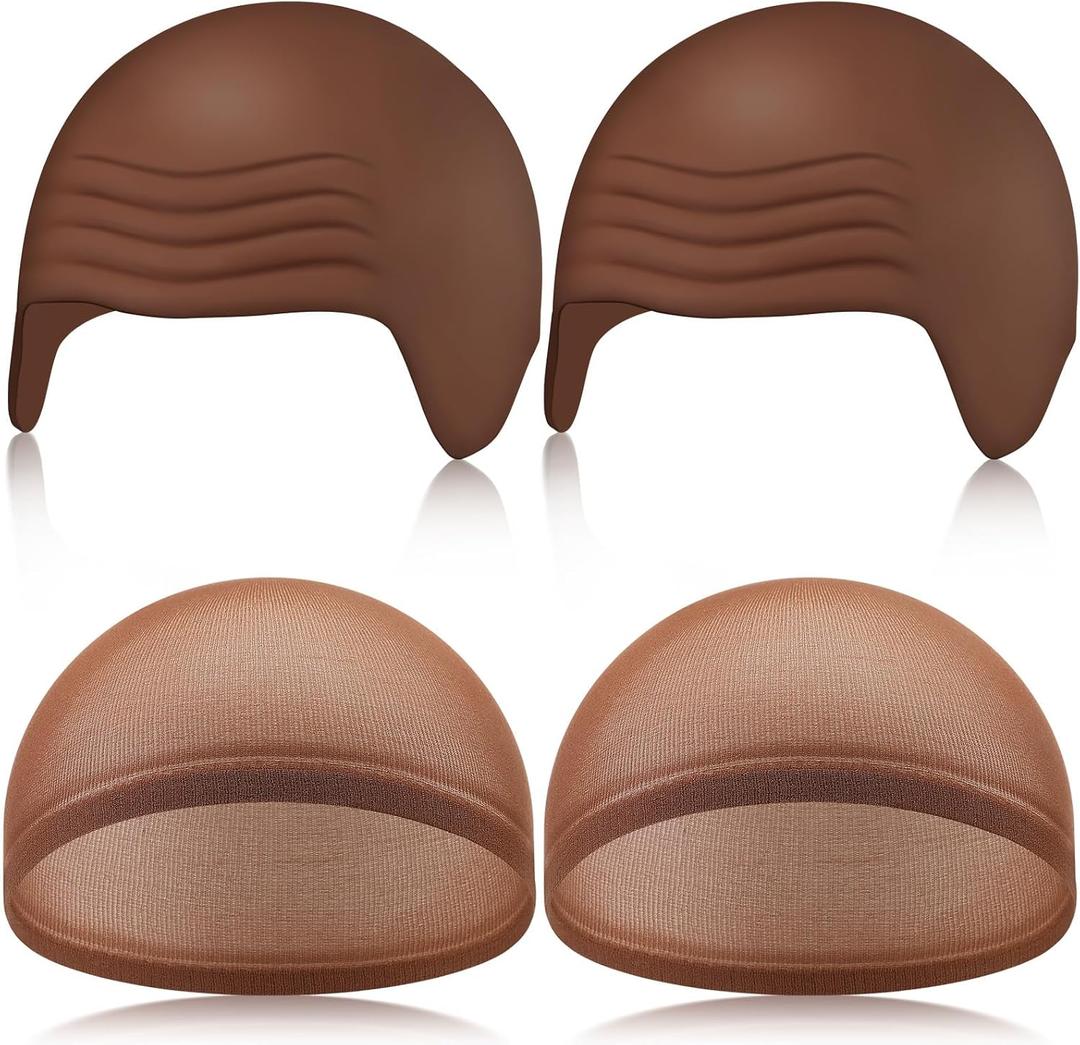 WILLBOND 4 Pcs Halloween Bald Caps Makeup Latex Bald Caps Head Wig hat Costume Accessories for Adults (Dark Brown)