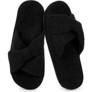 Womens Corduroy Slippers, Open Toe Crossband House Shoes, Cozy Cushioned Foam Indoor Outdoor Non-Slip Bedroom Slippers, Gift for Women (7-8, Black)