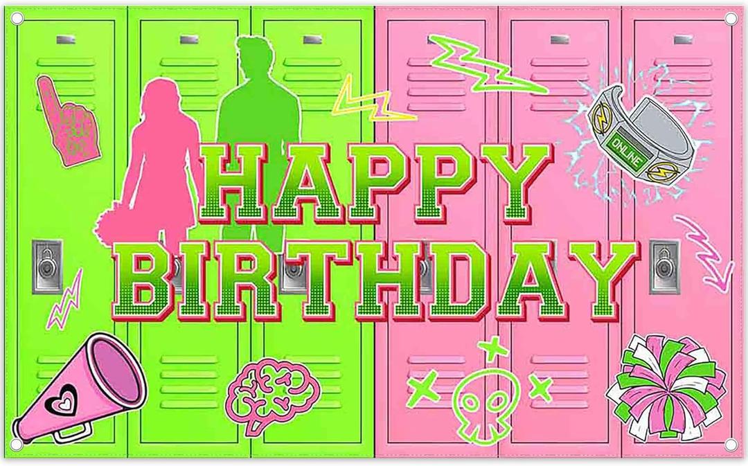 72x43inch Fabric Green and Pink Happy Birthday Backdrop Cheerleading American High School Lockers Photography Background Halloween Party Decorations Photo Props