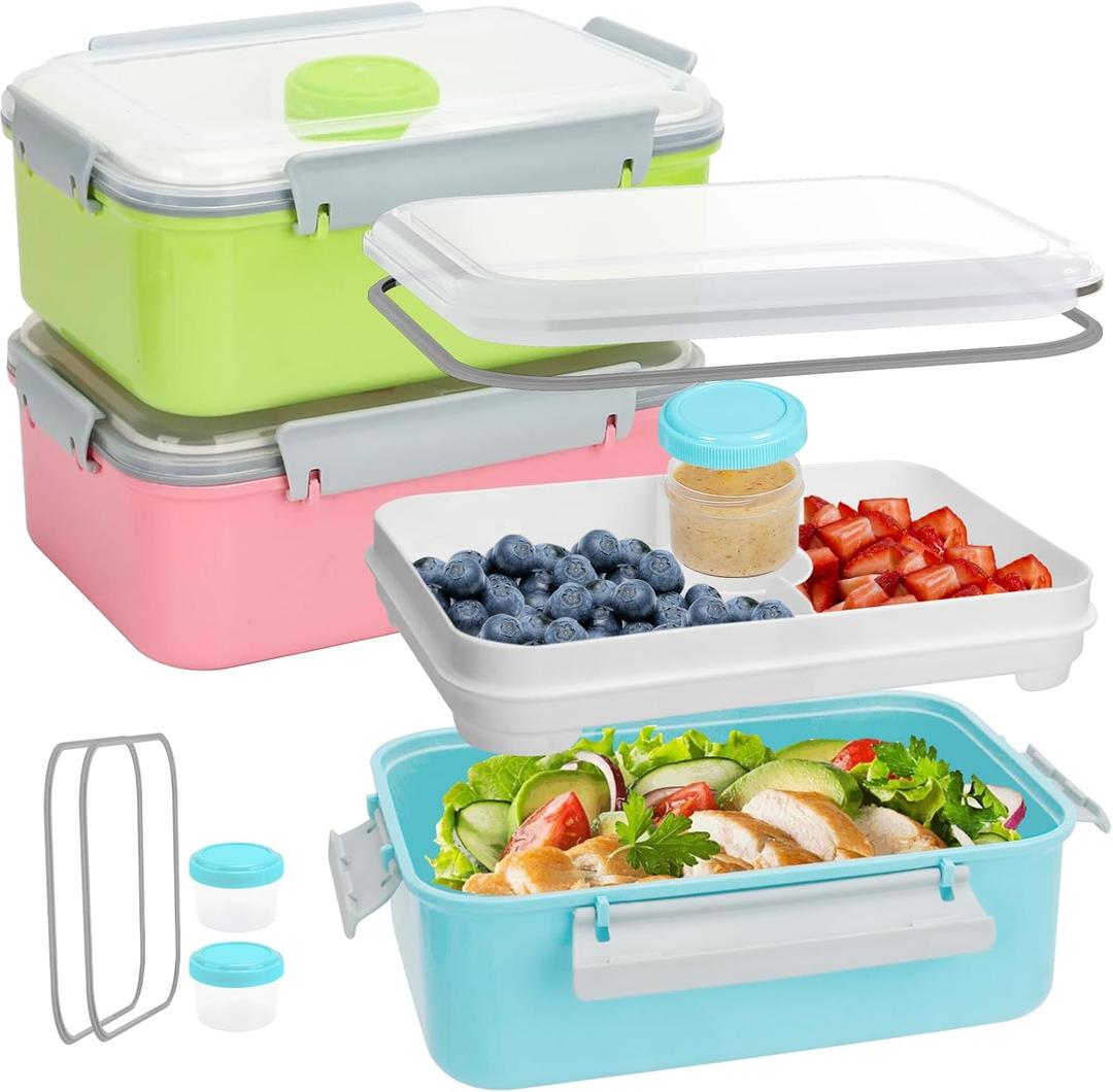 3 Pack Salad Lunch Box Food Storage Containers, 47oz Bento Box To Go Container with Lids, Meal Prep Containers with Removable Tray & Dressing Pots for Kids and Adults, Reusable and Microwavable (Pink & Green & Light Blue)