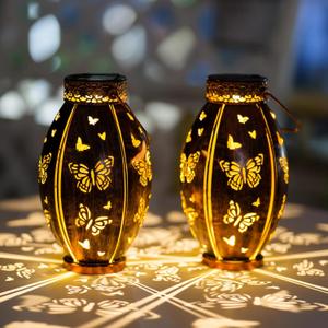 2 Pack Outdoor Solar Lanterns Waterproof Butterfly Decorative Hanging Solar Lantern Lights for Outside Patio Tableto Garden Yard Lawn Decor, Gifts for Mom Grandma Woman