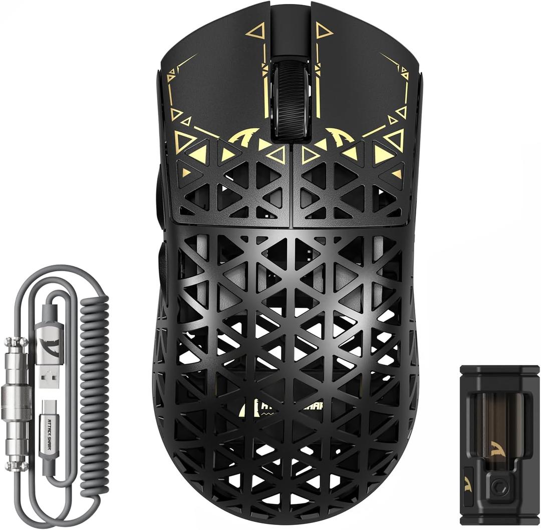 ATTACK SHARK R5 Ultra Wireless Gaming Mouse, 39g Superlight Carbon Fiber Hollowed-Out, PAW3950MAX Optical Sensor Nordic 52840 MCU 8K Polling 42K DPI, Tri-Mode Programmable Mice with Coiled Cable-Black