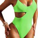 Pink Queen Women's Sexy One Piece Swimsuit Scoop Neck Cutout Waist Tummy Control Bathing Suit Swimwear (Green, L)