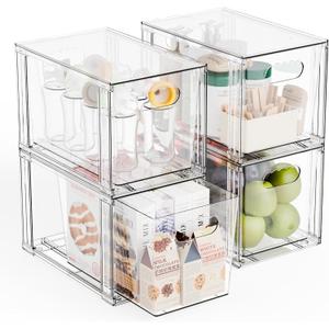 Yieach 4 Pack Large Stackable Storage Drawers,11Deep Under Cabinet Organizer,Baby Bottle Organizer,Clear Stacking Pull Out Drawer,Acrylic Storage Containers Bins for Organizing Snack,Medicine,Makeup
