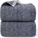 Cleanbear Bath Towels, Luxury 100% Cotton Bath Towels Set for Bathroom, 54 x 28 Inches Large Shower Towels with Herringbone Stripes, Navy Blue, 2 Pack