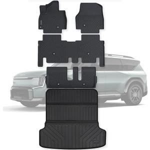 Floor Mats & Large Trunk Mat for 2024 2025 KIA EV9 7-Seats-2 Row Bench SeatNot Fit for 6-Seats, TPE All Weather Protection 3 Rows Full Set Car Floor Liners with Cargo Liner (Foldable)