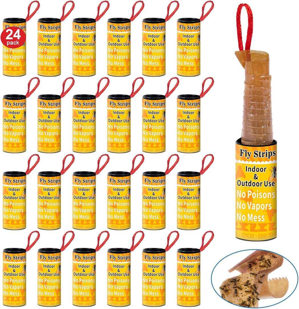 Outdoor Fly Trap Indoor Hanging 24pk, Sticky Fly Strips Tape Paper for Home | Flies Ribbon Rolls for Home Kitchen, Fruit & Bug Gnat Catchers for Inside, Killer for Winged Insect