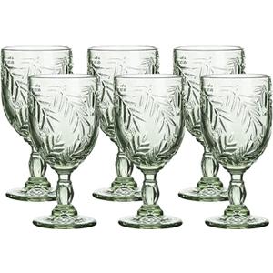 WHOLE HOUSEWARES Coloured Green Vintage Wine Glass Goblet, 8.5 oz Embossed Design, Wedding, Party Glass Set of 6 (Green)