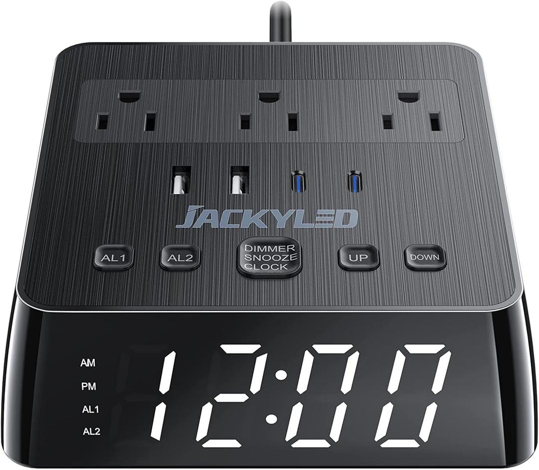 JACKYLED Alarm Clock with 4 USB Chargers Power Strip 3 Outlets 1700J Surge Protector Nightstand Dimmable Digital Clock with Dual Alarm and Snooze Function for Bedroom, Full Screen LED Display (Black)
