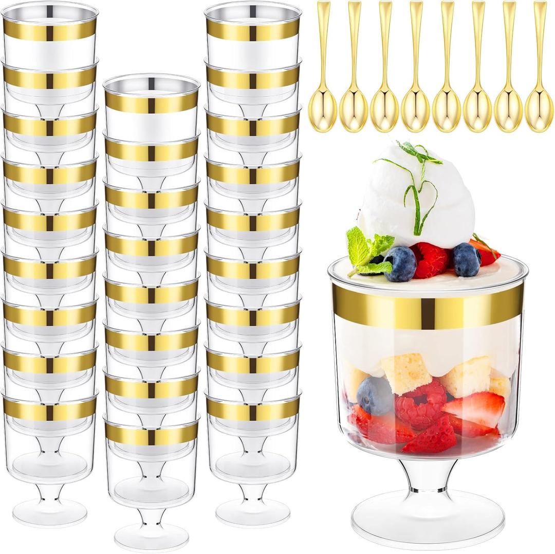 200 Pcs Mini Dessert Cups with Spoons Include 100 Pcs 5 oz Disposable Plastic Mousse Cups with Gold Rim 100 Pcs Gold Tasting Spoons Clear Plastic Parfait Glasses Dessert Bowls for Wedding Party