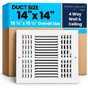 14" x 14" White 4 Way Air Vent Cover for Wall & Ceiling -Steel
Fits 14x14 Duct Opening, Heavy-Duty Construction , Premium 4-Way Steel HVAC Register, Supply Grille