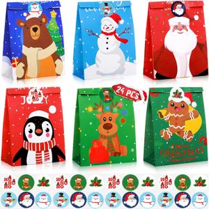 TaoBary 24 Pack Christmas Paper Gift Bags with Stickers - Snowman, Santa Claus, Candy & Cookie Bags for Holiday Party Favors