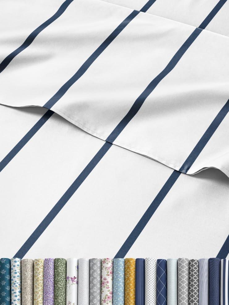Striped Sheets - Navy Blue & White Striped Sheets - 1 Flat & 1 Fitted & 2 Pillowcases w/ Deep Pockets  Wrinkle & Fade Free - Soft, Breathable & Cooling  Luxury Pinstripe Bedding - Full Size Bed Set