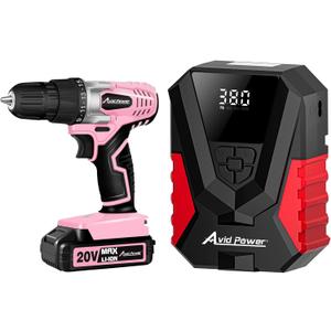 AVID POWER 20V MAX Lithium lon Cordless Drill Set Bundle with AC/DC Tire Inflator
