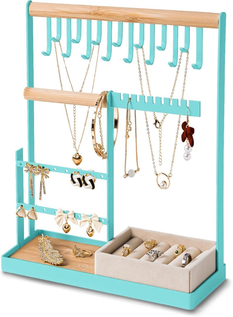 DreamGenius Jewelry Organizer Stand with Velvet Ring Holder, 4 Tier Jewelry Holder Organizer with 15 Hooks for Necklaces and 16 Holes for Earrings, Blue (Medium)