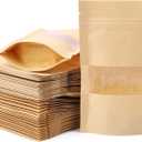 100pcs 3.5 x 5.5 inch Kraft Paper Treat Bags with Window Ziplock Stand Up Pouches for Food Storage Cookies Snacks Tea Packing